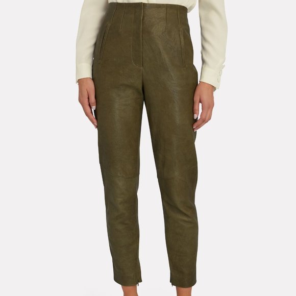 $1015 NEW VERONICA BEARD SETHE HIGH WAISTED LEATHER PANTS SIZE 0 OLIVE